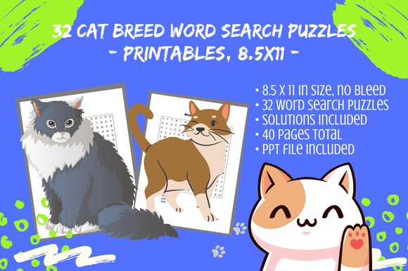Unleash Creativity with a 32 Cat Breeds Word Search Puzzles KDP Project